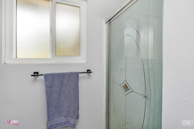 bathroom featuring a shower with door