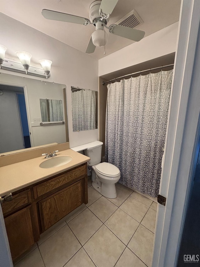 bathroom with tile patterned flooring, vanity, ceiling fan, and toilet