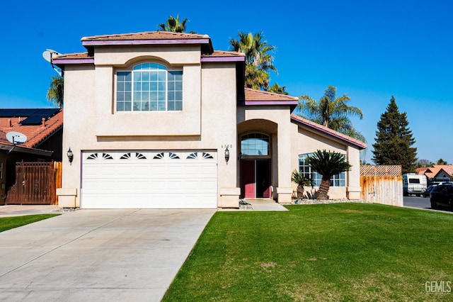 6100 Aruba Ct, Bakersfield, CA 93313 - view of front of home featuring fence, a front yard, stucco siding, driveway, and an attached garage