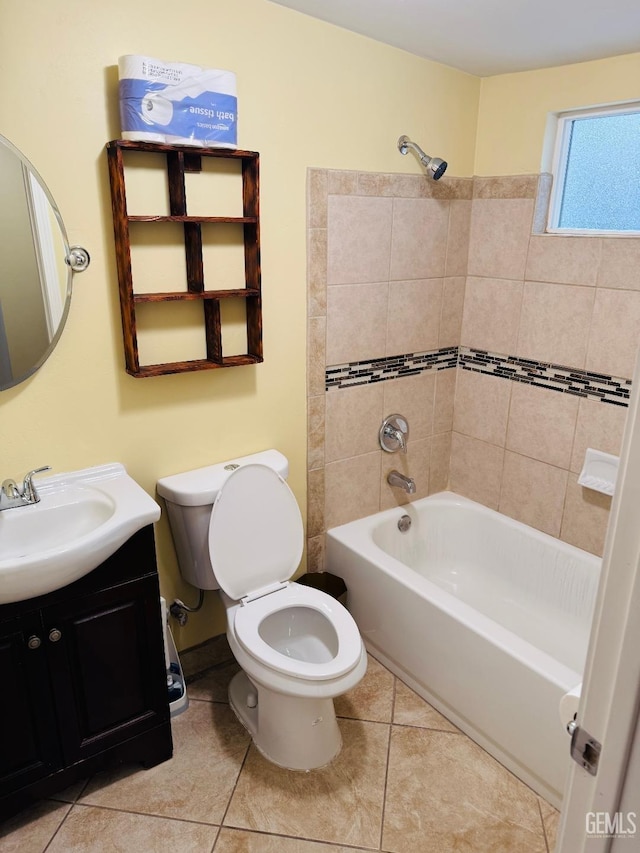 full bath with toilet, shower / bath combination, tile patterned flooring, and vanity