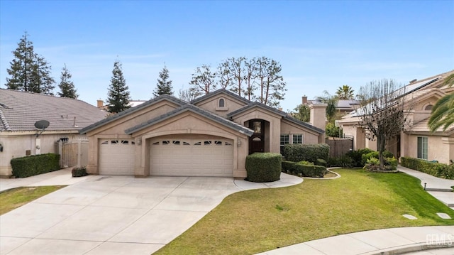 view of front of property featuring a garage, driveway, a front lawn, and stucco siding