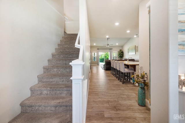 6207 Provincetown Ave, Bakersfield, CA 93313 - stairs with wood finished floors, recessed lighting, and ceiling fan