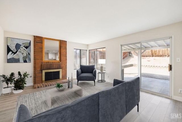 living room featuring a fireplace and light wood-type flooring