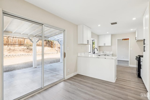 kitchen with white cabinets, sink, a wealth of natural light, and light hardwood / wood-style flooring