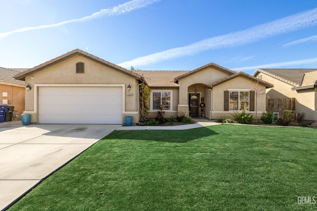 single story home with a garage, concrete driveway, a tile roof, a front lawn, and stucco siding