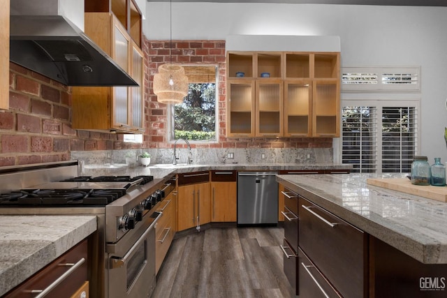 kitchen featuring a sink, wall chimney exhaust hood, appliances with stainless steel finishes, glass insert cabinets, and dark wood-style flooring