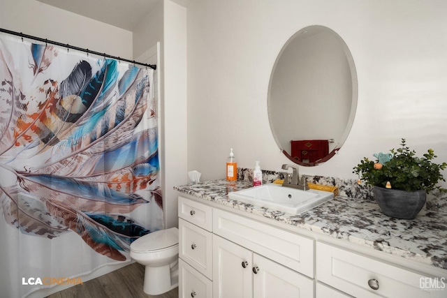 bathroom featuring hardwood / wood-style floors, vanity, curtained shower, and toilet