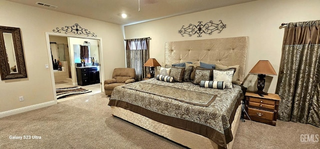 9211 Woodbrook Dr, Shafter, CA 93263 - bedroom with baseboards, ensuite bath, visible vents, and carpet