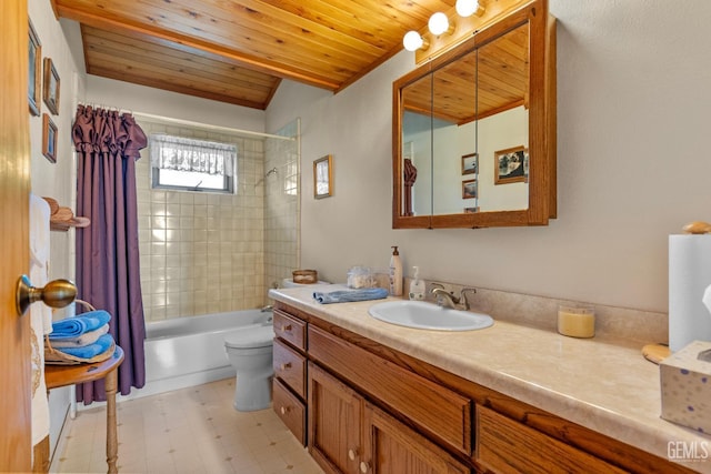 25001 Cannonero Ct, Tehachapi, CA 93561 - full bath with shower / tub combo with curtain, vanity, wooden ceiling, and tile patterned floors