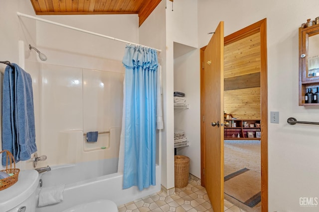 25001 Cannonero Ct, Tehachapi, CA 93561 - full bathroom featuring wooden ceiling, shower / bath combo, tile patterned flooring, and lofted ceiling
