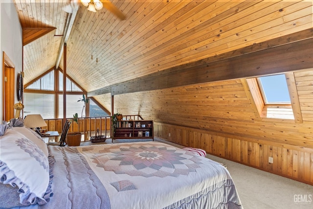 25001 Cannonero Ct, Tehachapi, CA 93561 - carpeted bedroom with wood walls, a skylight, and wooden ceiling