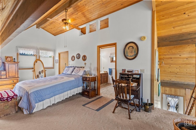 25001 Cannonero Ct, Tehachapi, CA 93561 - carpeted bedroom with high vaulted ceiling, ensuite bath, a wood ceiling with exposed beams, and wood walls