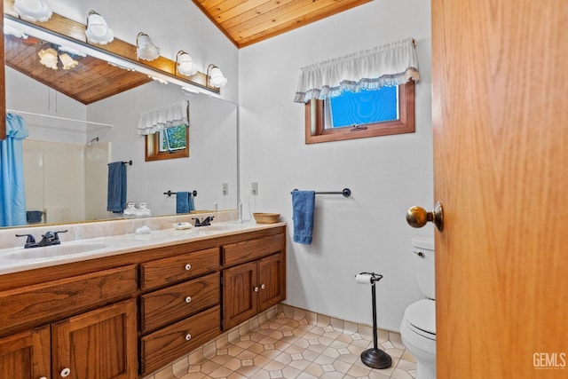 25001 Cannonero Ct, Tehachapi, CA 93561 - full bathroom featuring wood ceiling, double vanity, a shower with shower curtain, lofted ceiling, and tile patterned flooring