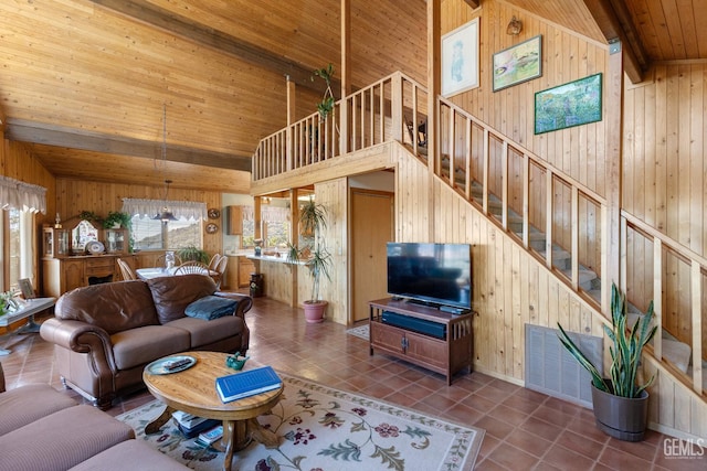 25001 Cannonero Ct, Tehachapi, CA 93561 - living room with wooden walls, a wooden ceiling with exposed beams, stairs, tile patterned floors, and high vaulted ceiling