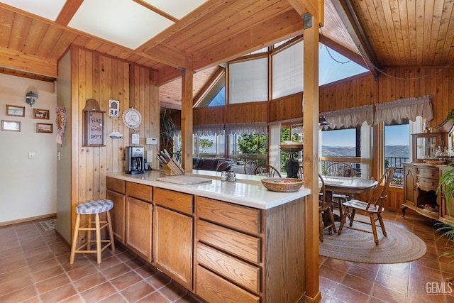 25001 Cannonero Ct, Tehachapi, CA 93561 - kitchen featuring wood walls, brown cabinetry, light countertops, tile patterned flooring, and a peninsula