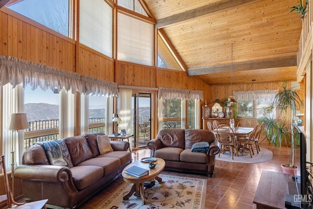 25001 Cannonero Ct, Tehachapi, CA 93561 - living area featuring wood walls, a wooden ceiling with exposed beams, a mountain view, and high vaulted ceiling
