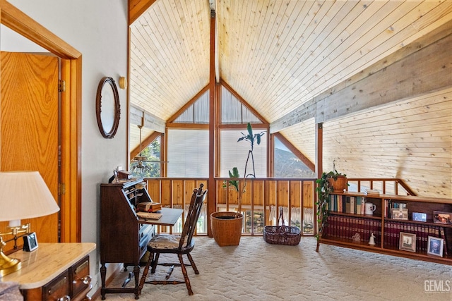 25001 Cannonero Ct, Tehachapi, CA 93561 - living area featuring carpet floors, wood walls, high vaulted ceiling, and a wooden ceiling with exposed beams
