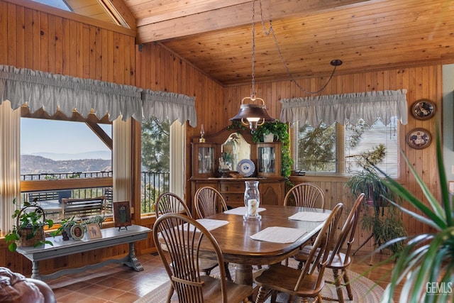 25001 Cannonero Ct, Tehachapi, CA 93561 - tiled dining area featuring wooden walls, wooden ceiling, and a mountain view