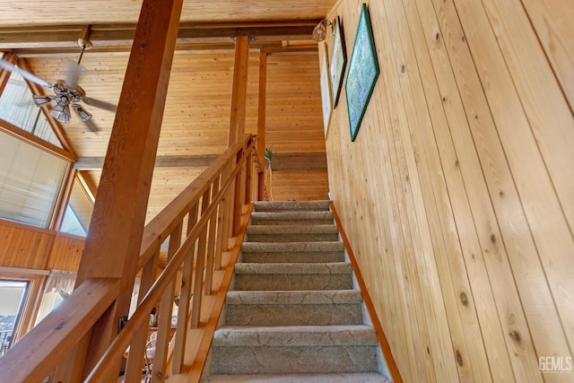 25001 Cannonero Ct, Tehachapi, CA 93561 - stairway featuring wood walls, a ceiling fan, wooden ceiling, and healthy amount of natural light
