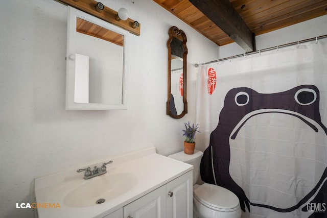 bathroom featuring toilet, wood ceiling, beam ceiling, a shower with curtain, and vanity