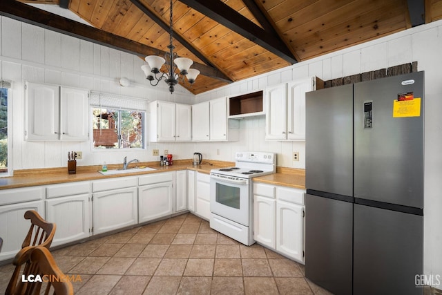 kitchen featuring white range with electric cooktop, wood ceiling, freestanding refrigerator, white cabinets, and a sink