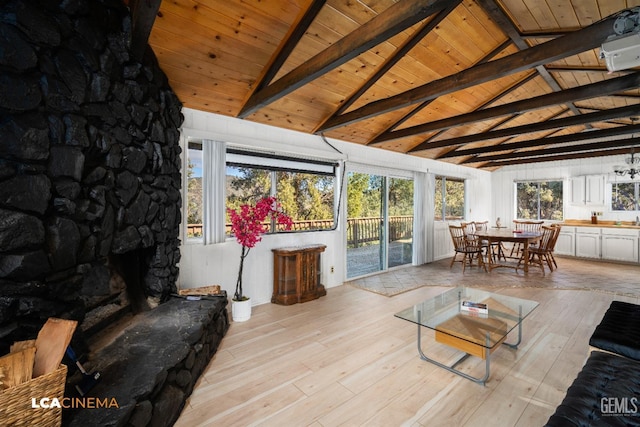 living area with light wood-style flooring, wood ceiling, and lofted ceiling with beams