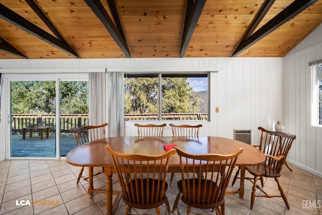 dining room featuring light tile patterned flooring, wood ceiling, and lofted ceiling with beams