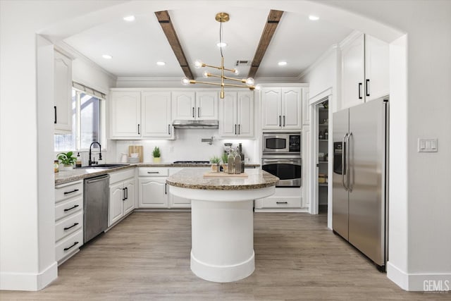 kitchen with white cabinetry, sink, hanging light fixtures, a center island, and stainless steel appliances