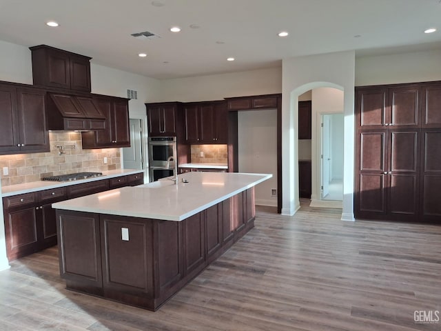 kitchen featuring custom exhaust hood, stainless steel appliances, an island with sink, backsplash, and light wood-type flooring