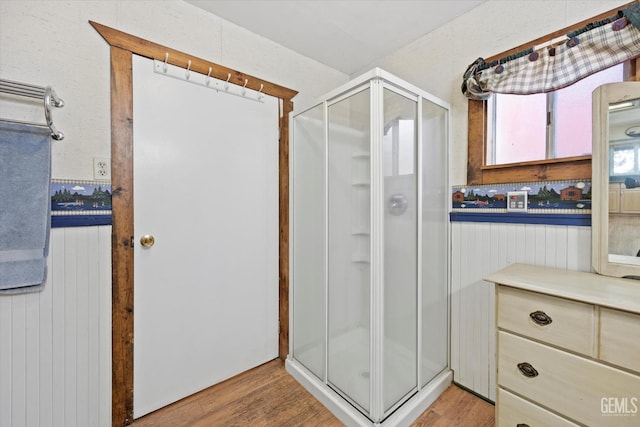 45071 Forest Dr, Posey, CA 93260 - bathroom featuring a shower stall and wood finished floors