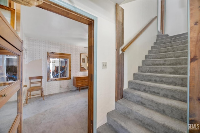 45071 Forest Dr, Posey, CA 93260 - staircase featuring wallpapered walls and carpet