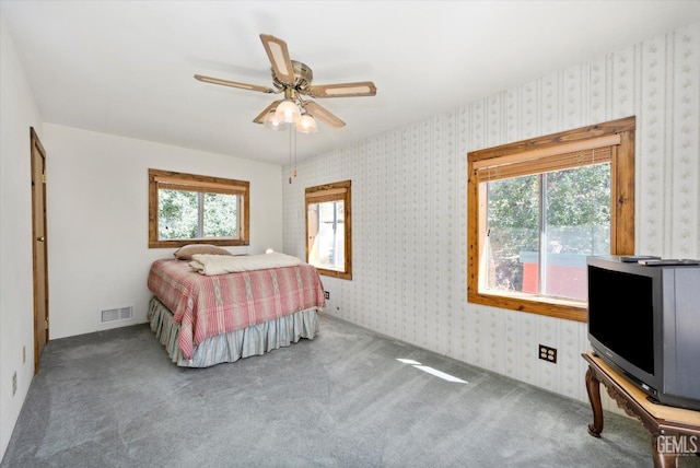 45071 Forest Dr, Posey, CA 93260 - carpeted bedroom with wallpapered walls and ceiling fan