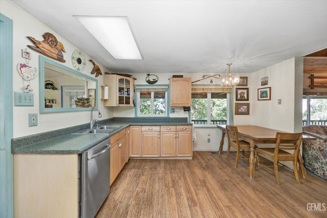 45071 Forest Dr, Posey, CA 93260 - kitchen featuring dishwasher, light brown cabinetry, wood finished floors, and dark countertops