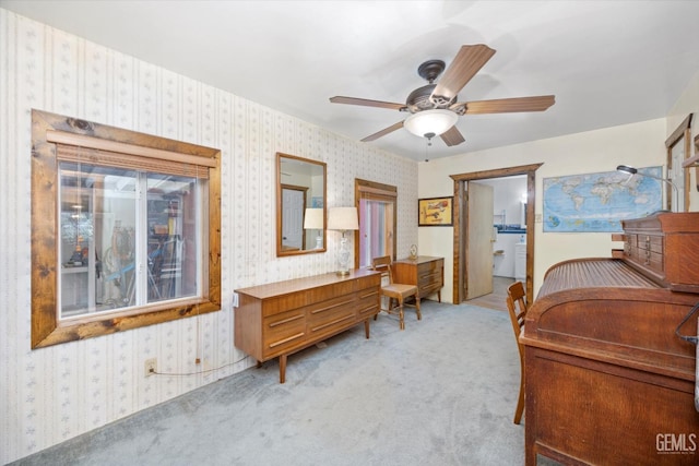 45071 Forest Dr, Posey, CA 93260 - bedroom featuring wallpapered walls, light colored carpet, and a ceiling fan