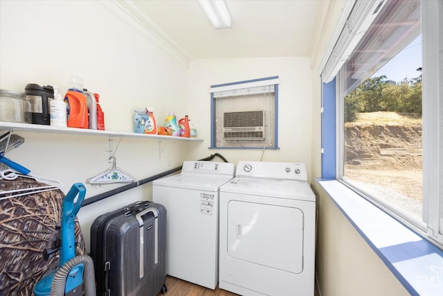 45071 Forest Dr, Posey, CA 93260 - washroom featuring washing machine and clothes dryer, wood finished floors, and crown molding