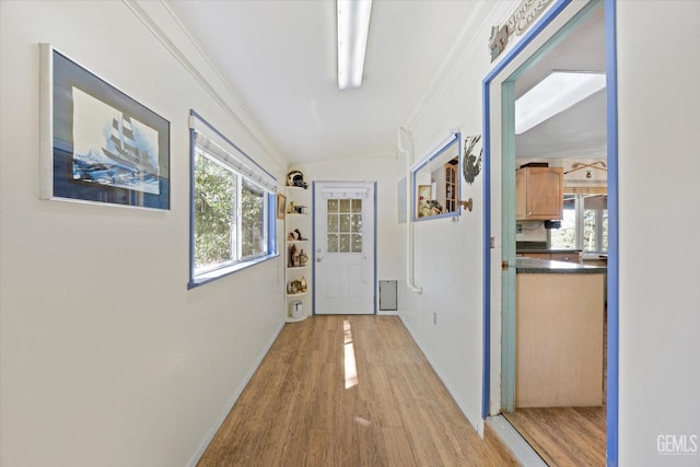 45071 Forest Dr, Posey, CA 93260 - hall with light wood-type flooring, crown molding, plenty of natural light, and lofted ceiling