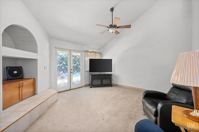 7601 Live Oak Way, Bakersfield, CA 93308 - carpeted living area featuring ceiling fan, baseboards, and high vaulted ceiling