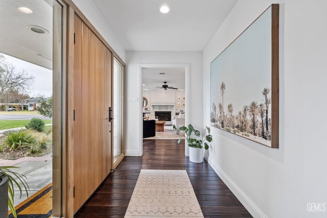 corridor featuring dark wood-type flooring