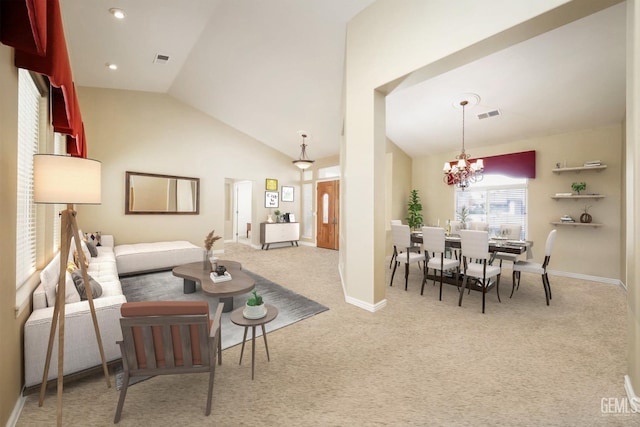 carpeted living room featuring a chandelier and vaulted ceiling