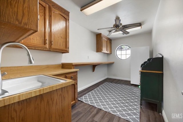 kitchen featuring ceiling fan, dark hardwood / wood-style flooring, and sink