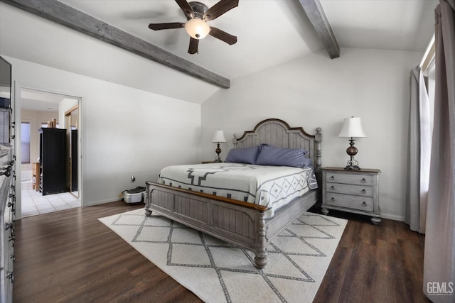 bedroom with vaulted ceiling with beams, ceiling fan, and dark hardwood / wood-style flooring