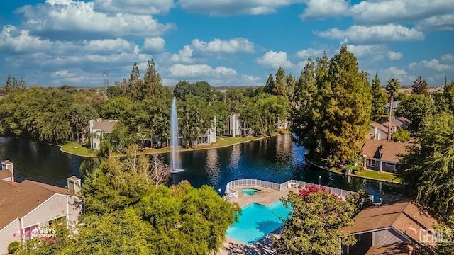 aerial view featuring a water view