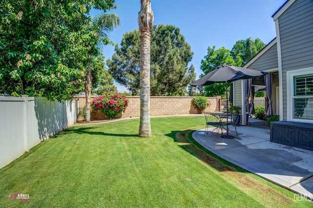 view of yard with a fenced backyard and a patio area