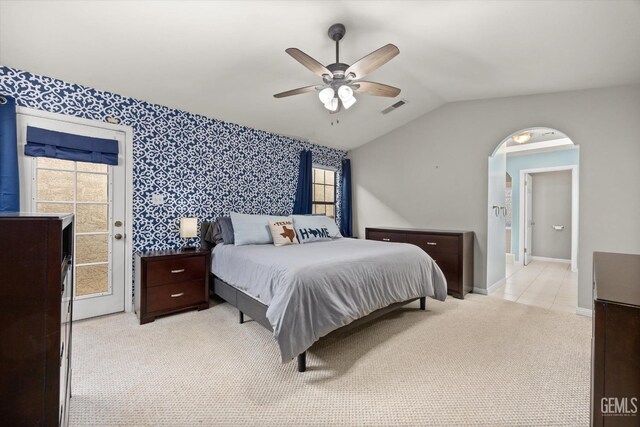 501 Reed St, Bakersfield, CA 93314 - bedroom featuring wallpapered walls, access to exterior, light carpet, ceiling fan, and vaulted ceiling