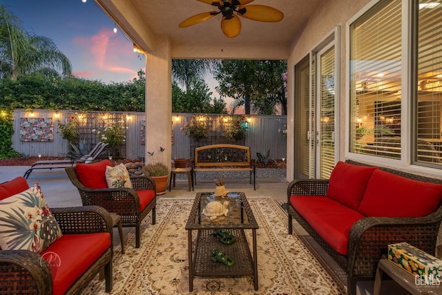 6315 Veronese Ct, Bakersfield, CA 93306 - patio terrace at dusk with an outdoor living space, a patio area, a fenced backyard, and a ceiling fan