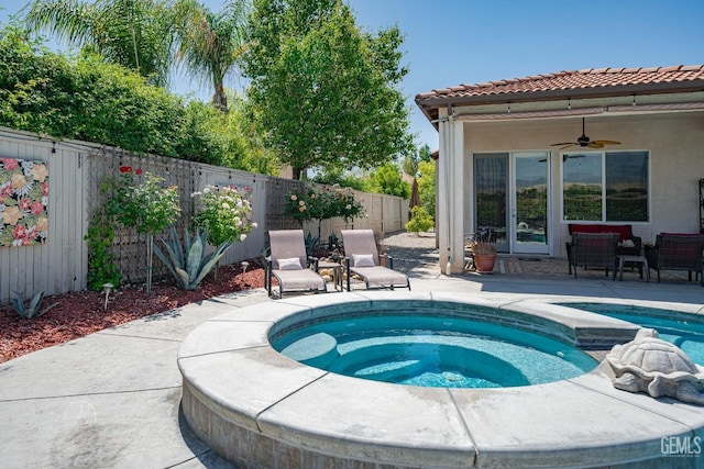 6315 Veronese Ct, Bakersfield, CA 93306 - view of pool with an in-ground hot tub, a ceiling fan, a fenced backyard, and a patio area