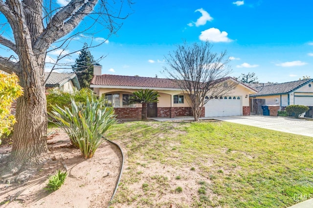 ranch-style house with brick siding, a chimney, stucco siding, concrete driveway, and an attached garage