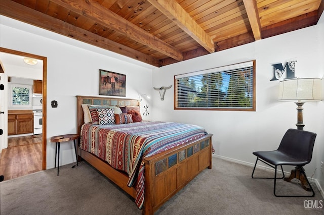 bedroom featuring carpet floors, wood ceiling, baseboards, and beamed ceiling