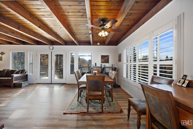 dining area featuring a wealth of natural light, beamed ceiling, wood finished floors, and wood ceiling