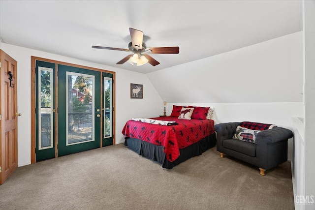 bedroom featuring access to exterior, carpet, vaulted ceiling, and ceiling fan